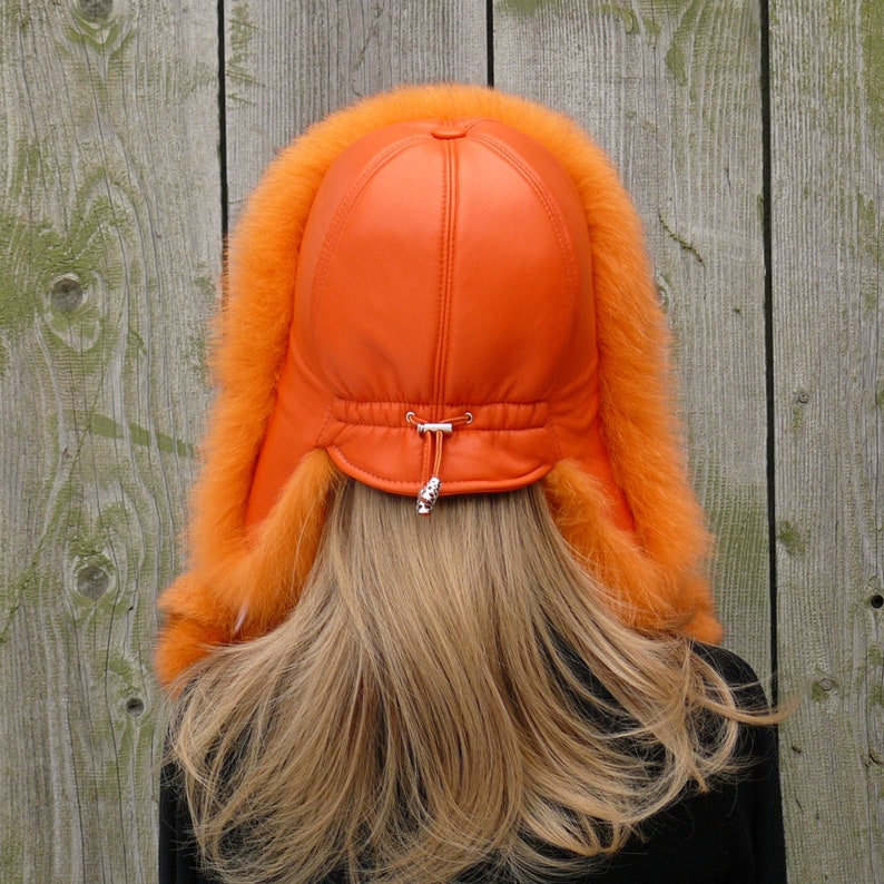 Orange fur hat for women, Fur trapper hat, Fluffy hat ear flaps, Warm ushanka, Fuzzy hat, Winter furry bomber hat, Gift for mom Gift for her image 3
