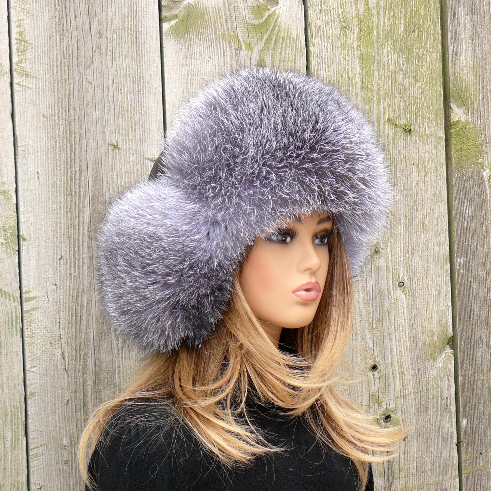 NWOT RARE silver fox fur trapper hat with Pom Pom strings Silver Fox Fur Hat - Etsy main image 4