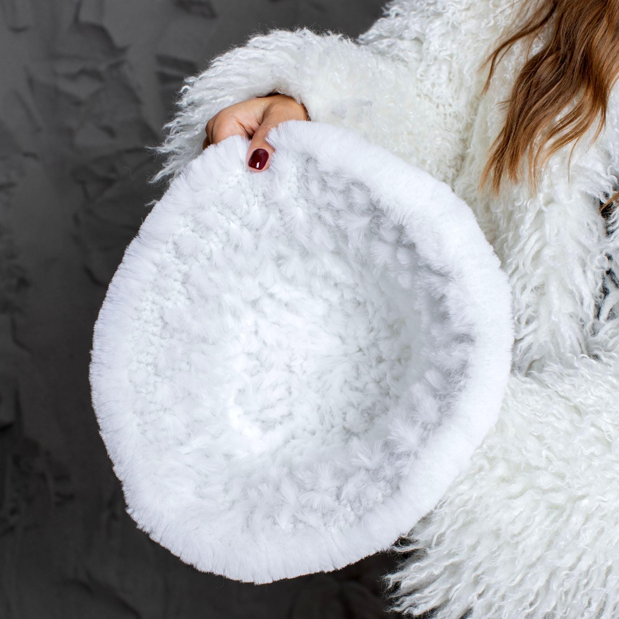Black Crocheted Rex Rabbit Fur Brim Hat with Rose Rex Rabbit Fur Knit Hat with Fox Pom | Shop Luxury Fur Hats  main image 4