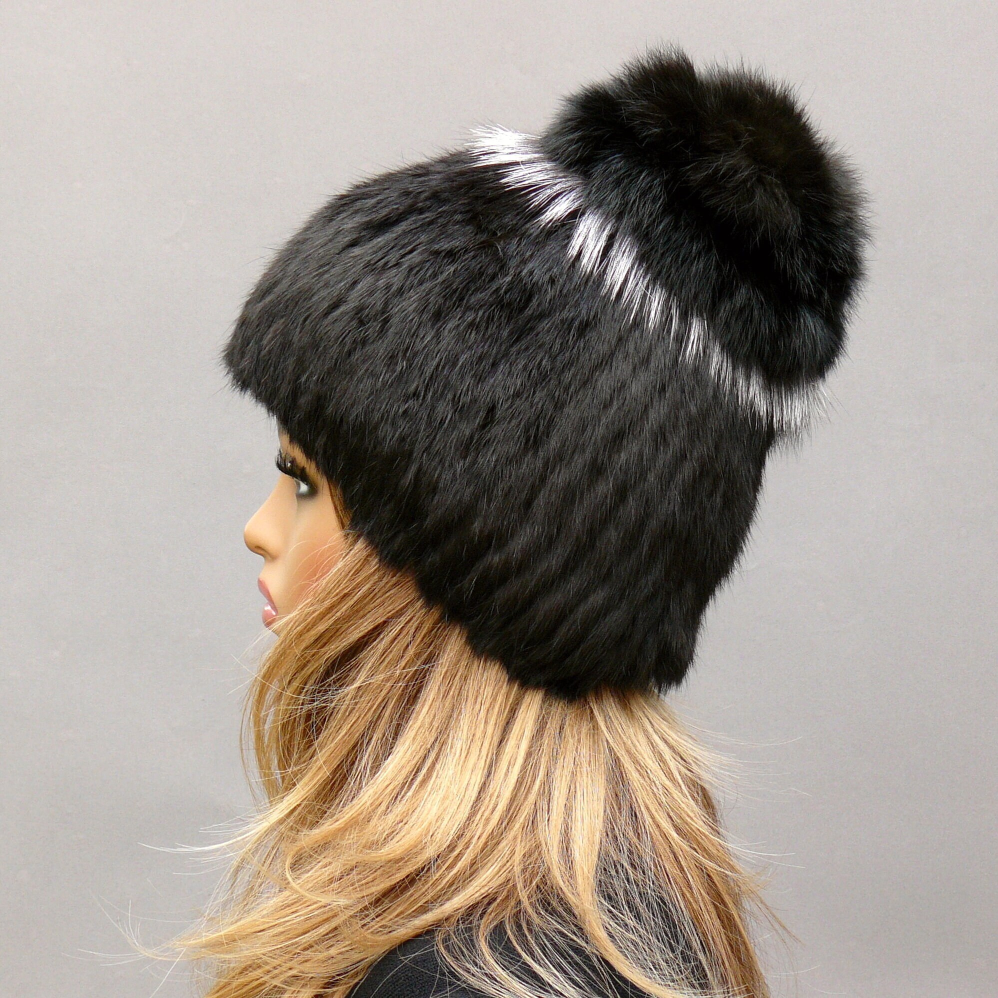 SALE Black Snow Knitted Rex Rabbit Fur Beanie with Fox Pom Black Frost Knitted Rex Rabbit Fur Beanie Hat with Fox Fur  main image 2