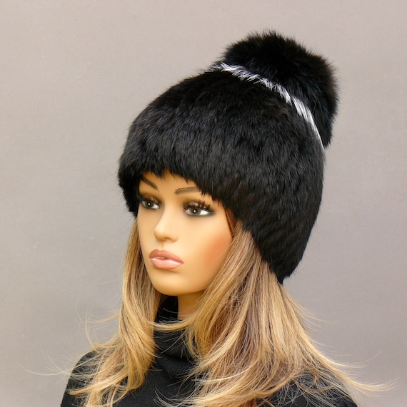 Winter Fur Hat With Pompom Rabbit Beanie Hat With Puff Top Black Fluffy Hat Women Real Rabbit Fur Hat Winter Knitted Hat Warm Headwear Etsy UK