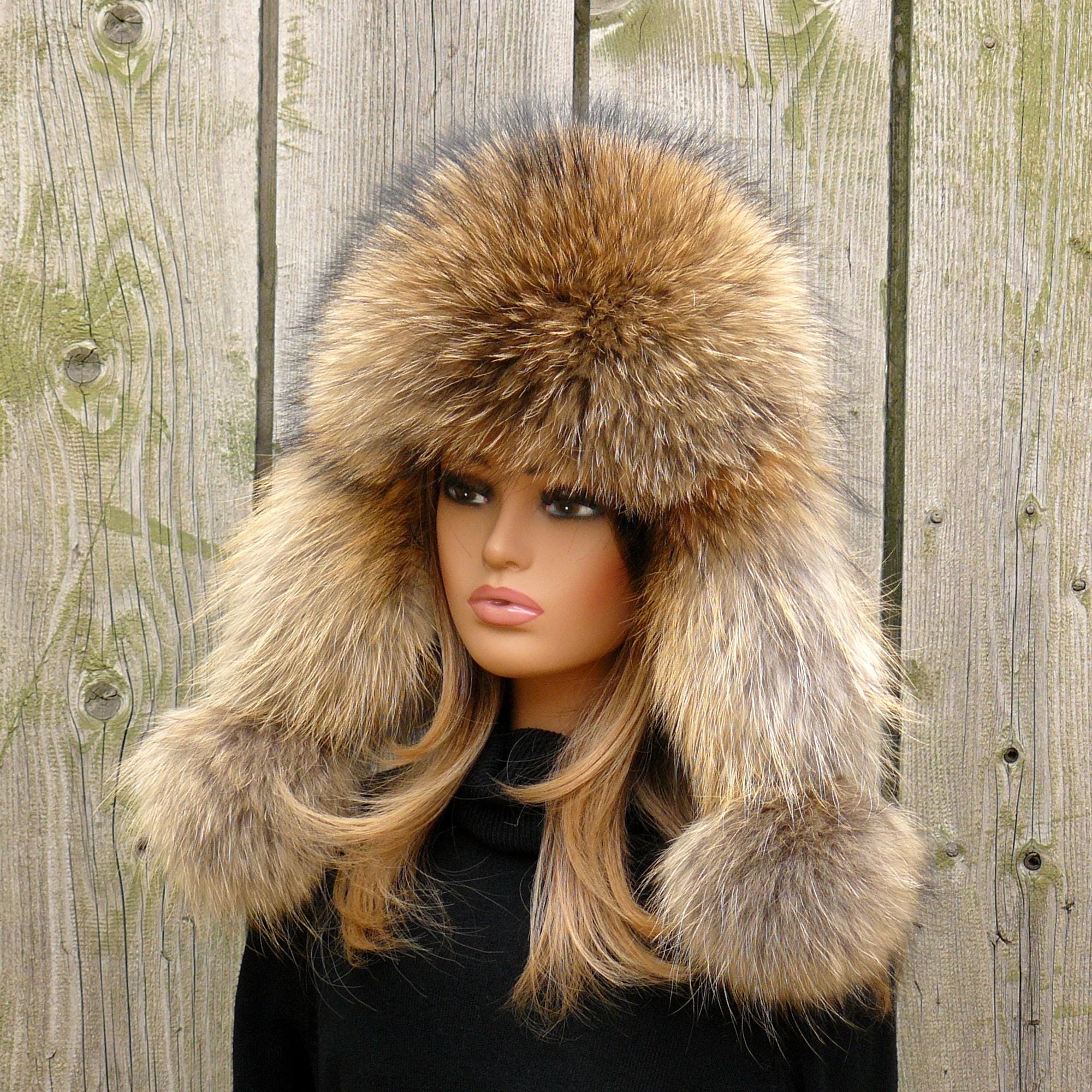Raccoon Fur Hat, Soft Fluffy Winter Ushanka, Leather Aviator 