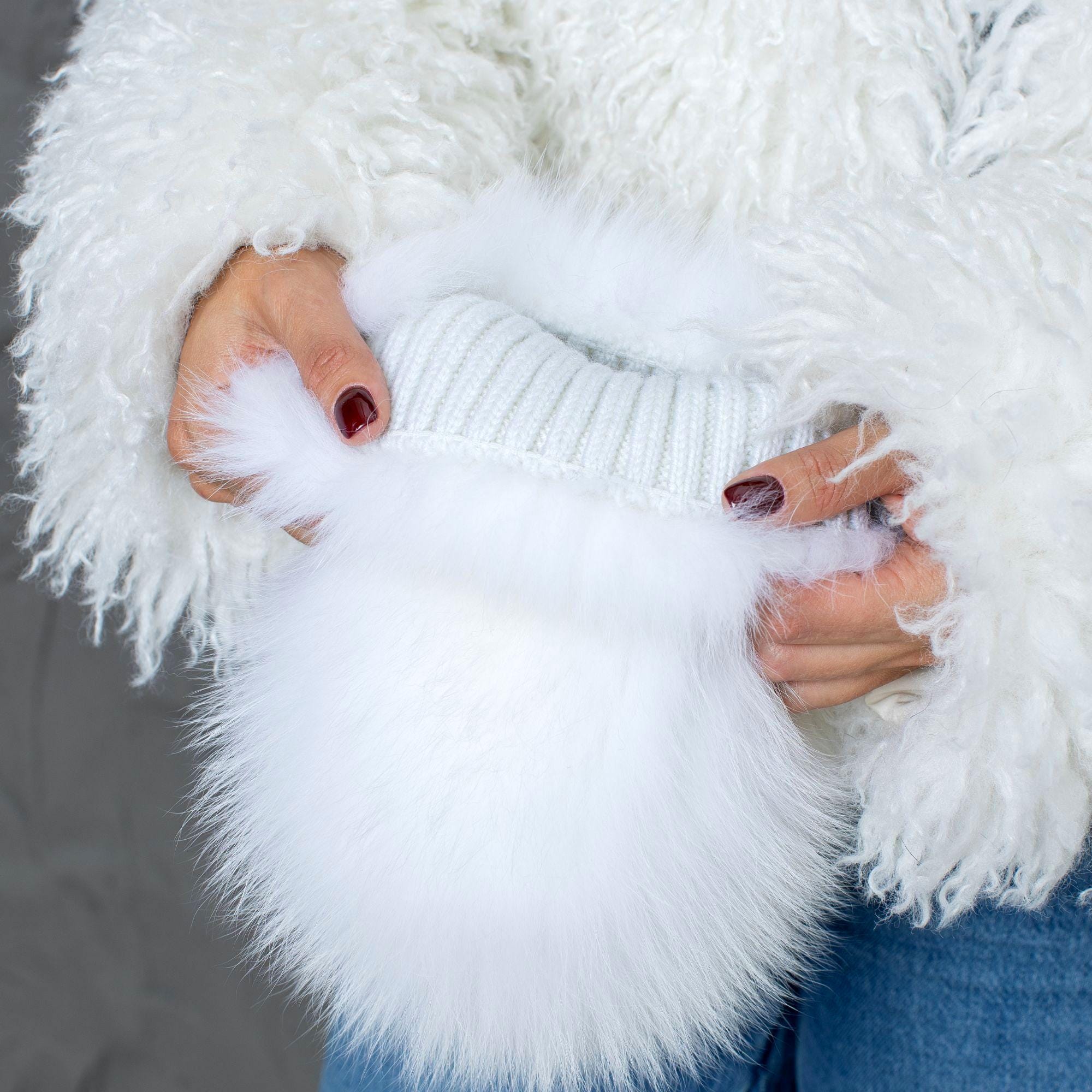 White Real Fox Fur Winter Hat, Ladies Fluffy Beanie, Oversized
