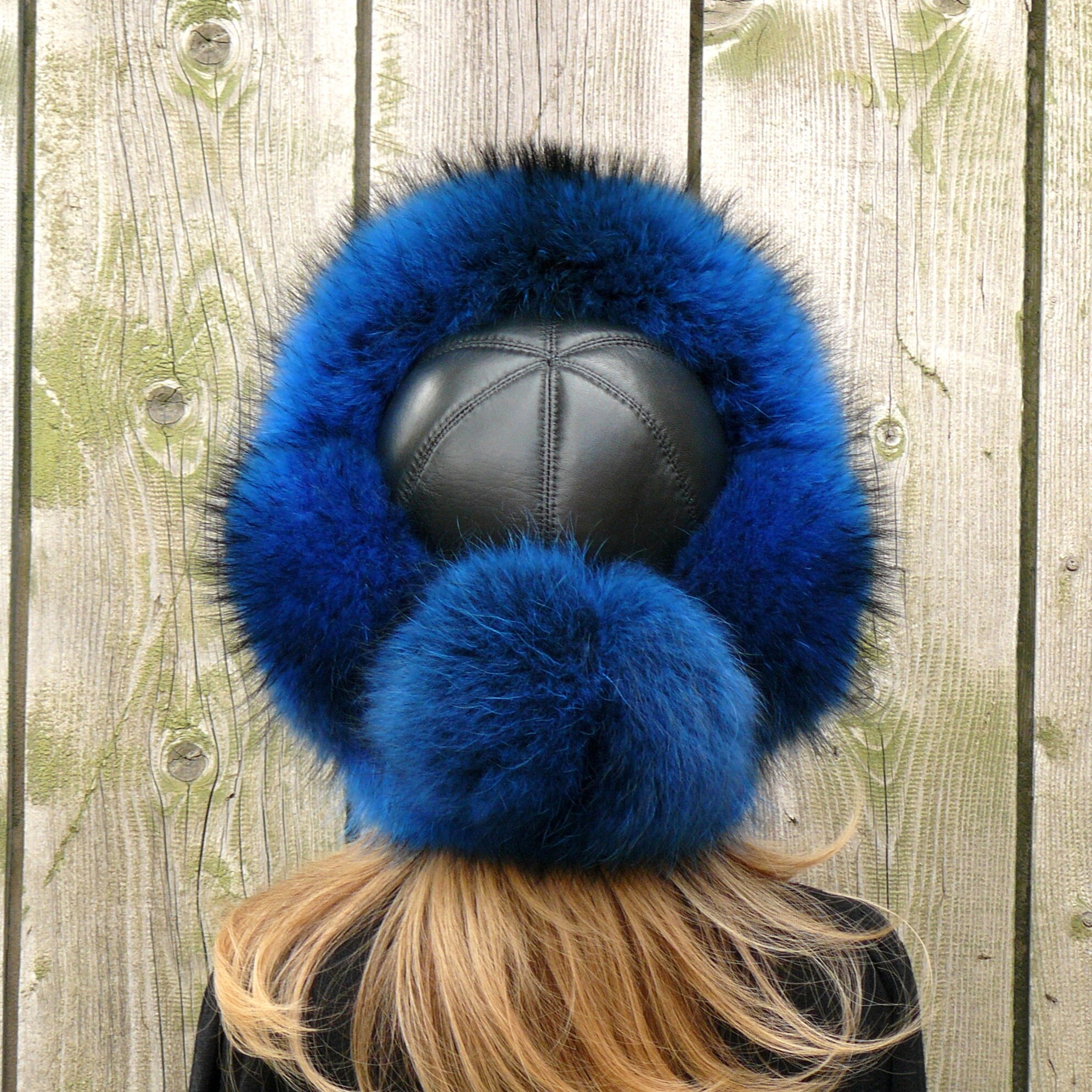 American Eagle Trapper Hat Unisex OS Blue Fair Isle Pom-Pom Faux Fur Lined Blue Denim Trapper Hat with Faux Fur Ear Flaps – FINESSE main image 4
