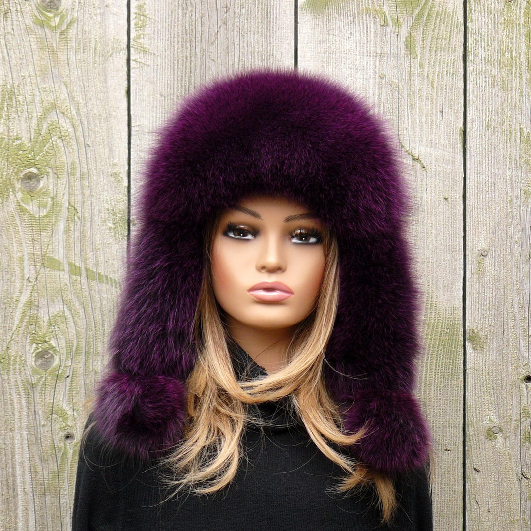 NWOT Elegant Fox Fur Women\'s Hat - Deep Purple New Womens Adrienne Landau Real Fox Fur Pompom Metallic  main image 4