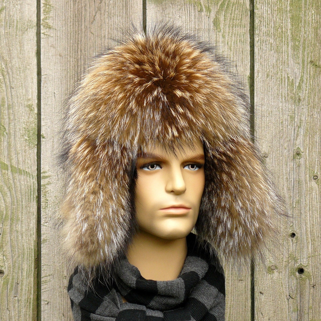 Raccoon Trapper Hat, Real Fur Hat Men, Leather Aviator Hat, Mens Fur