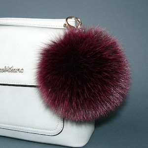 Burgundy Fur Ball Key Ring, Fur Pom Pom Keychain, Real Fox Fur Pompom Bag Charm, Fluffy Key Fob, Fuzzy Ball Purse Charm