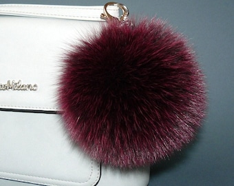 Burgundy Fur Ball Key Ring, Fur Pom Pom Keychain, Real Fox Fur Pompom Bag Charm, Fluffy Key Fob, Fuzzy Ball Purse Charm