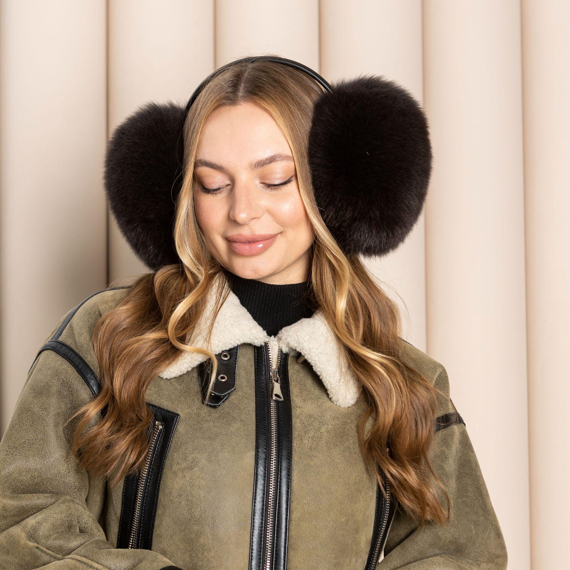 *NEW* {Genuine} Fox Fur Ear Muffs With A Chocolate Brown Velvet Headband* Real Fox Fur Earmuffs W/ Velvet Halo Band - Women main image 2