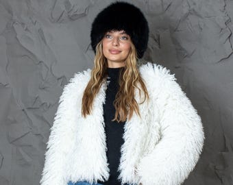 White Real Fox Fur Winter Hat, Ladies Fluffy Beanie, Oversized
