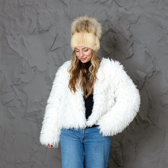 Beige Mink Fur Hat for Women With Raccoon Pompom, Fuzzy Warm  display picture 2