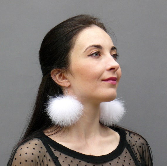 Fluffy Pom Pom Hoop Earrings For Women - Red & Brown Fur Winter Earrings, Fun Party Gift