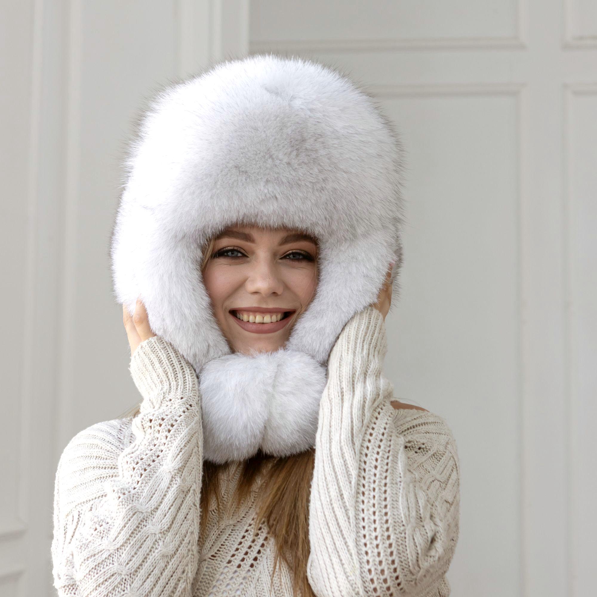 White Real Arctic Fox Fur Trapper Hat With Ear Flaps, One-piece
