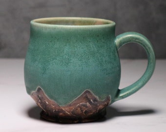 Handmade Ceramic Mountain Mug – Rustic Earthy Green Coffee Cup