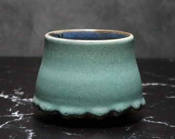 Handmade Rustic Green Ceramic Tumbler – Carved Stoneware Cup, 8 oz