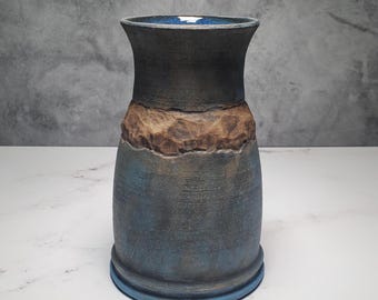 Handmade Ceramic Vase – Hand-Carved Blue Rustic Stoneware Flower Pot for Home Décor & Bouquets