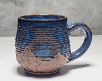 Handmade Rustic Blue Ceramic Mug – Earthy Landscape Pottery, 12 oz