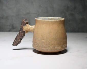 Handmade Stoneware Coffee Mug – Rustic Yellow Ceramic Cup with Driftwood Handle