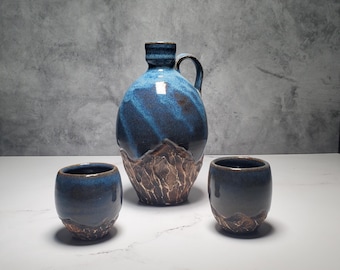 Wheel-Thrown Blue Stoneware Sky & Earth Drink Set – Handmade Ceramic Jug with Two Cups