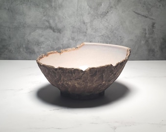 Handmade Rustic Opal White Ceramic Bowl – Wheel-Thrown Stoneware Art with Earth & Sky Carved Texture