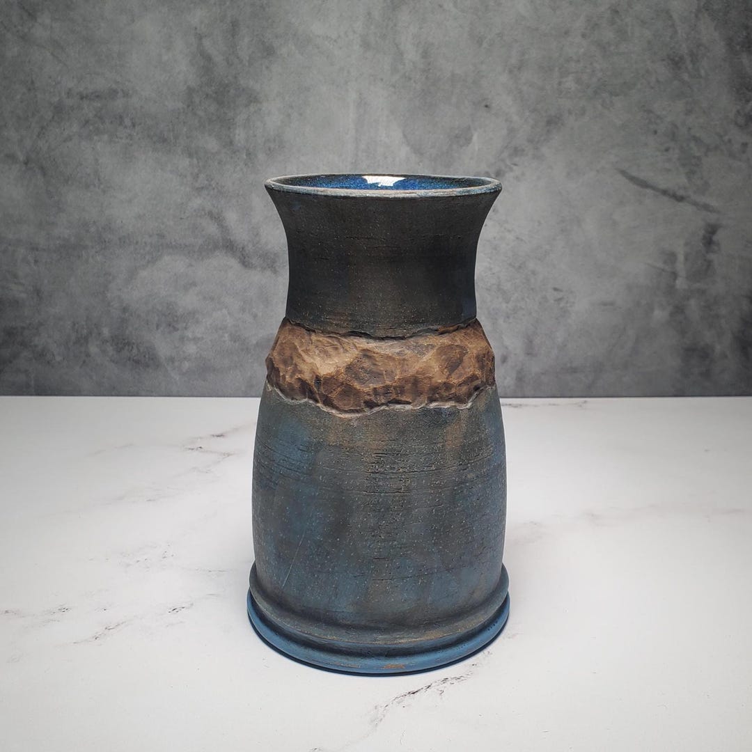 Handmade Ceramic Vase – Hand-carved Blue Rustic Stoneware Flower Pot ...