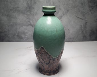 Handmade Green Landscape Ceramic Vase – Hand-Carved Rustic Stoneware Bottle for Home Décor & Bouquets