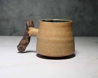 Handmade Stoneware Coffee Mug – Rustic Ceramic Cup with Driftwood Handle