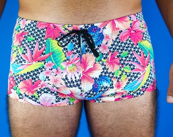 Men’s Square Cut Swim Suit in Colorful Floral Pattern Print