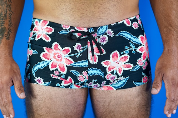 Men’s Square Cut Swimsuit, Printed Boho Floral Pattern on Black Background, Our Most Comfortable Style
