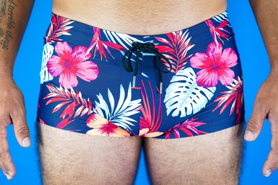 Men’s Square Cut Swim Suit, Tropical Hibiscus and Palms Pattern with Deep Blue Background