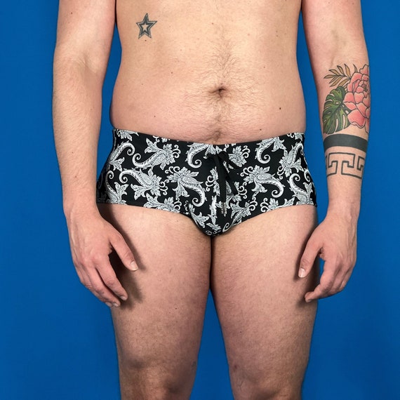 Men’s Swim Suit in Black and White Paisley Pattern