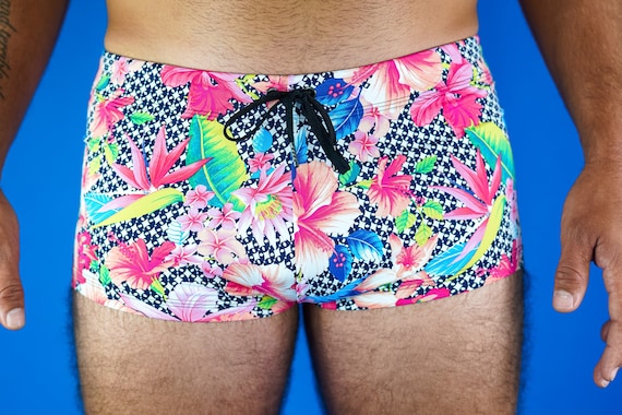 Men’s Square Cut Swimsuit in Colorful Floral Vibrant Pattern Print