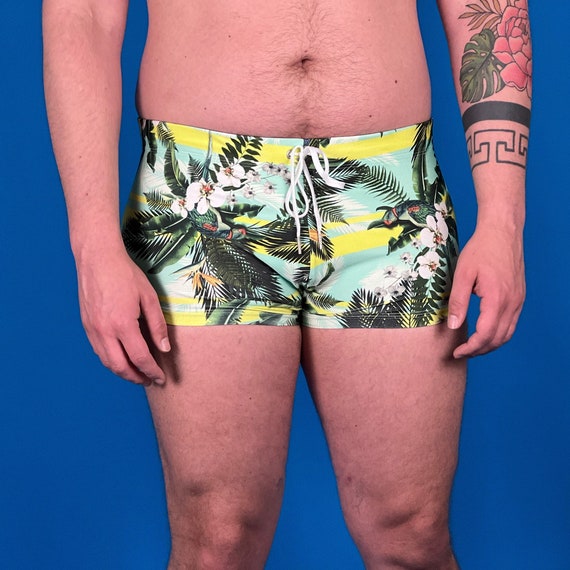 Men’s Square Cut Swim Suit in With Birds and Palms Tropical Pattern Print, Our Most Comfortable Style
