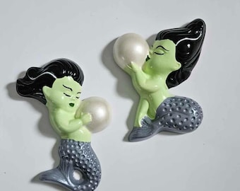 Kitsch Halloween Merbaby Set - Vintage style chalkware, Mermaid, Mid-century, Lefton, Norcrest, Munsters, Frankenstein