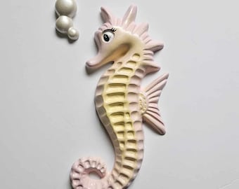 Kitsch Seahorse Wall Plaque - Vintage style chalkware, Lefton, Norcrest, Mermaid, Mid-century, Bathroom Decor