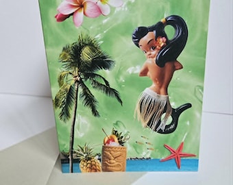 Kitsch Hawaiian Mermaid Greeting Card - Blank inside - for vintage, retro, mermaid, MCM, chalkware, kewpie, tiki, hula fans
