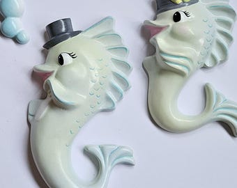 Kitsch Fish and Gentleman Fish Wall Plaque set - Vintage style, Mid-century, Chalkware, Lefton, Norcrest, Miller, Mermaid, Bathroom decor