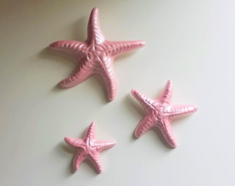 Kitsch Pearly Pink Starfish - Wall Plaque Set - Vintage style, Mid-century, Chalkware, Lefton, Norcrest, Mermaid, Bathroom decor, Tiki