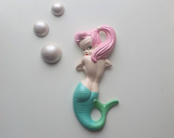 Kitsch Mermaid Wall Plaque (Pink Hair Teal Tail) - Vintage style chalkware, Mid-century, 50s, Lefton, Norcrest, Bathroom Decor