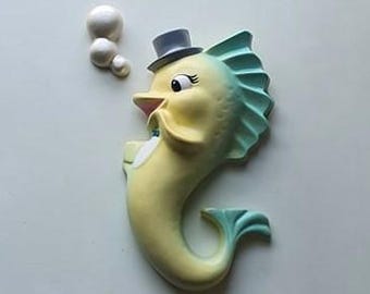 Kitsch Gentleman Fish Wall Plaque (Lemon & Mint) - Vintage style, Mid-century, Chalkware, Lefton, Norcrest, Miller, Mermaid, Bathroom decor