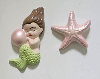 Kitsch Merbaby and Starfish Wall Plaque Set - Vintage style, Mid-century, Chalkware, Lefton, Norcrest, Mermaid, Bathroom decor, Tiki