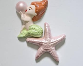 Kitsch Merbaby and Starfish Wall Plaque Set - Vintage style, Mid-century, Chalkware, Lefton, Norcrest, Mermaid, Bathroom decor, Tiki