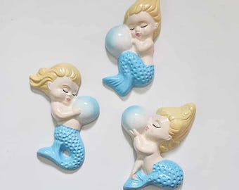 Kitsch Merbabies Wall Plaque Set x 3 (Blonde & Baby Blue) - Vintage style chalkware, Mid-century, Lefton, Norcrest, Tiki, Mermaid decor