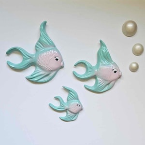 Kitsch Angelfish Wall Plaque Set (Aqua & Pink) - Vintage style, Mid-century, Chalkware, Lefton, Norcrest, Mermaid, Bathroom decor, Fish
