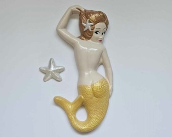 Kitsch Mermaid Wall Plaque with Starfish (Golden Girl) - Vintage style chalkware, Mid-century, 50s, Lefton, Norcrest, Bathroom Decor