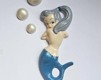 Kitsch Mermaid Wall Plaque - Vintage style retro chalkware, Lefton, Norcrest, Tretchikoff, bathroom