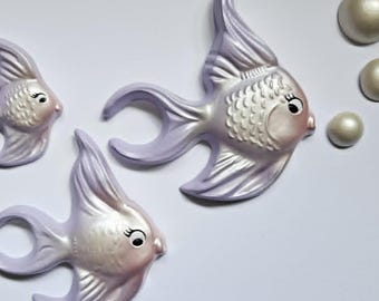 Kitsch Angelfish Wall Plaque Set (Lilac & Pearl) - Vintage style, Mid-century, Chalkware, Lefton, Miller, Mermaid, Bathroom decor, Fish