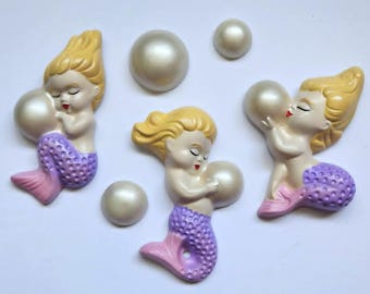 Kitsch Merbabies Wall Plaque Set x 3 (Lilac & Pink) - Vintage style chalkware, Mid-century, Lefton, Norcrest, Tiki, Mermaid decor