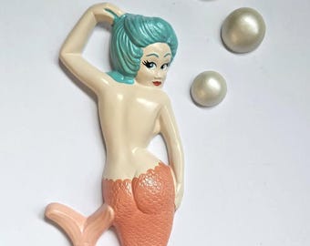 Kitsch Mermaid Wall Plaque with Starfish (Peachy) - Vintage style chalkware, Mid-century, 50s, Lefton, Norcrest, Bathroom Decor