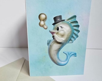 Kitsch Fish Greeting Card - Blank inside - for vintage, retro, mermaid, MCM, chalkware, kewpie, tiki fans